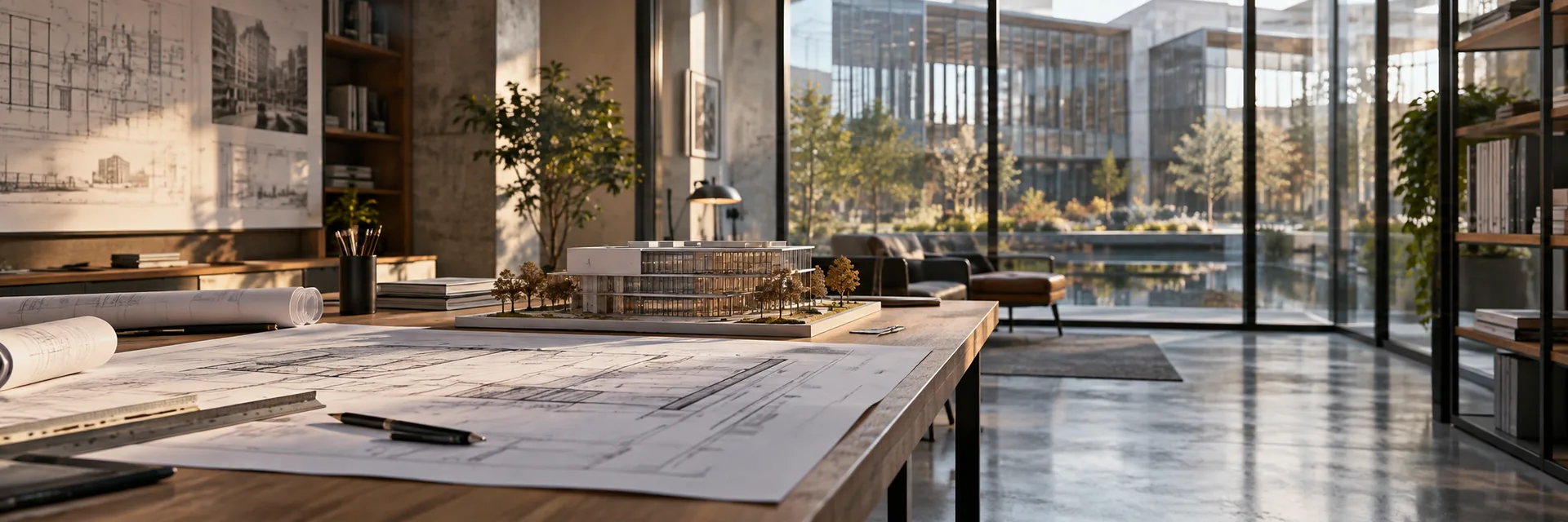 An architecture studio with models and drawings on the desks — architecture engineering firm insurance california