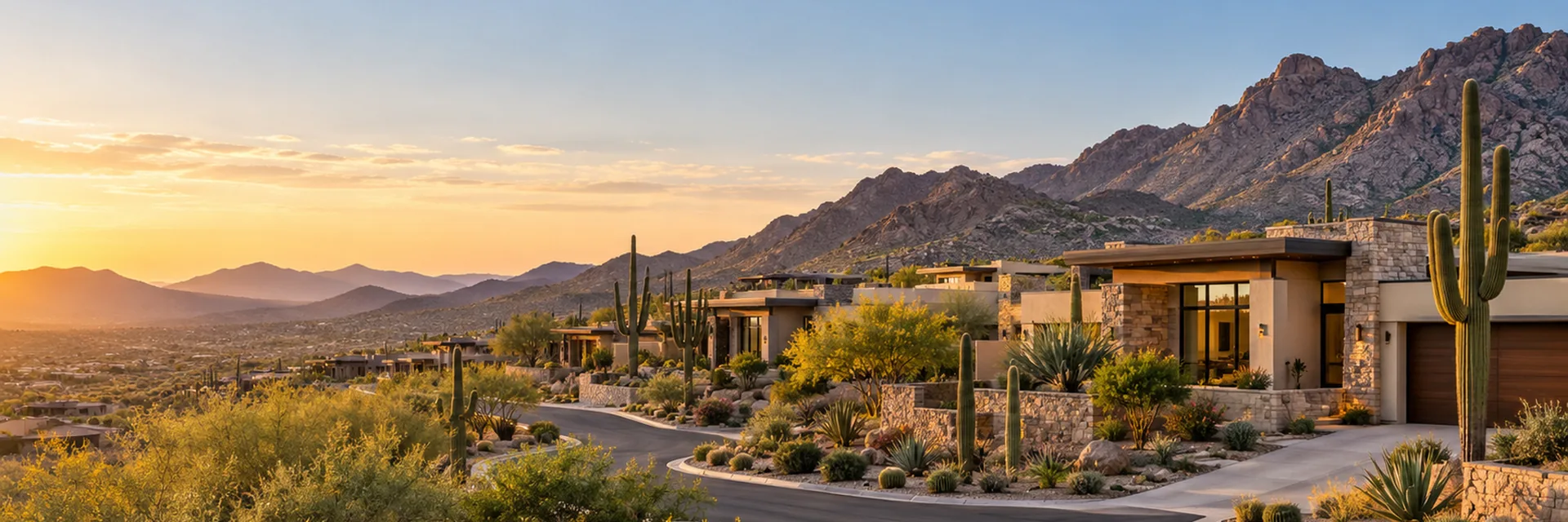 A new Arizona residential development, stucco and tile homes along a finished street with saguaro cactus and desert mountains behind — developer and subdivider insurance in Phoenix, Arizona