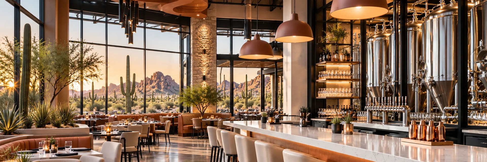 An Arizona restaurant and brewery interior at sunset, marble bar and copper pendant lights with brewing tanks, windows onto saguaro desert and red rock — restaurant and brewery insurance in Tucson