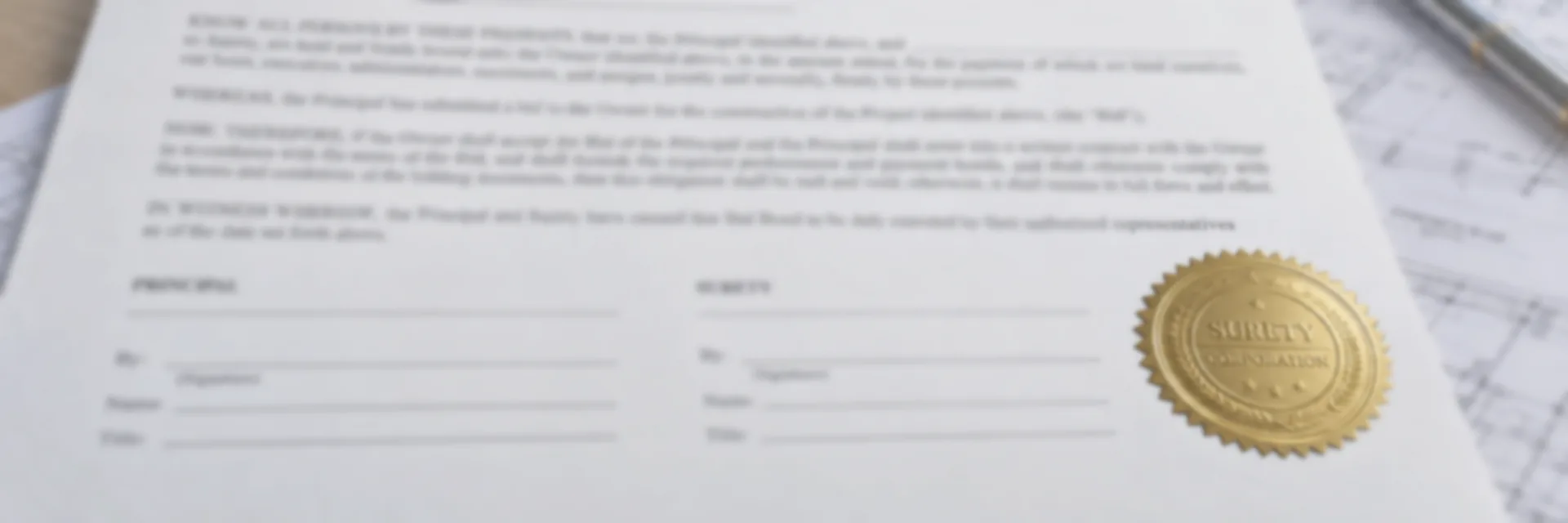 A bid bond form on a desk beside rolled drawings, signed and sealed with a gold surety seal, with a building frame under construction behind it — contractor bonding and surety guidance