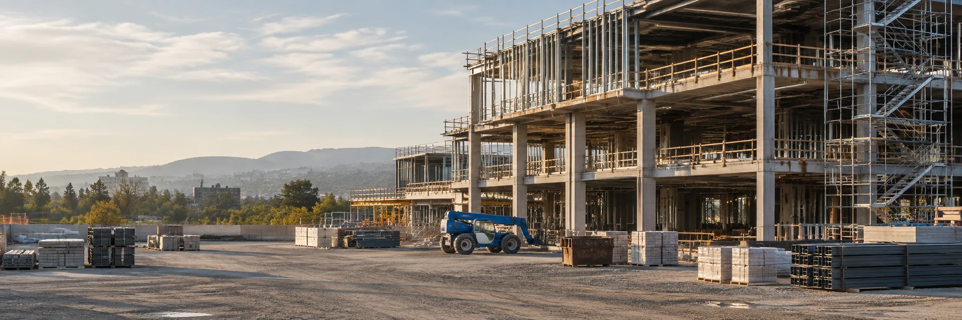 A commercial building under construction with a tower crane overhead — OCIP and CCIP wrap-up insurance