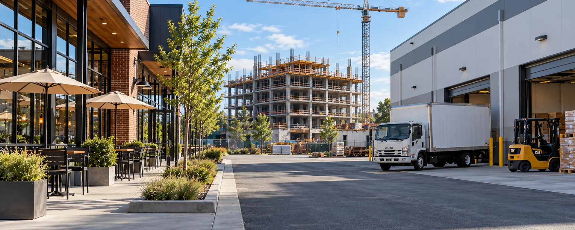 A warehouse loading dock, a mid-rise under a tower crane, and a restaurant frontage with sidewalk tables — requesting a commercial insurance quote or insurance review for an established business