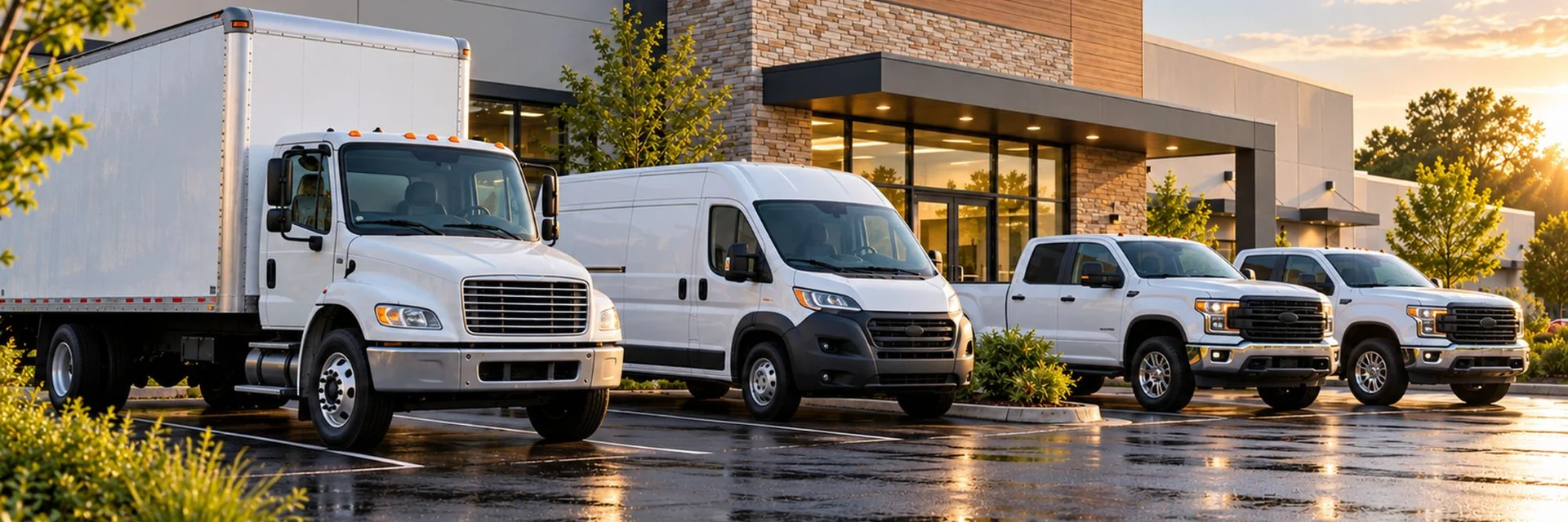 A mixed commercial fleet parked on wet asphalt outside a commercial building at sunrise — a box truck, a cargo van and two crew-cab pickups — commercial auto insurance for California businesses