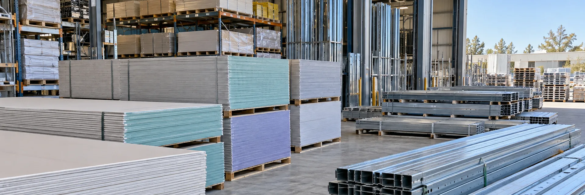 A building material supplier warehouse stacked with pallets of drywall board and bundles of galvanized metal studs, with an open bay door at the end — metal framing drywall supplier insurance