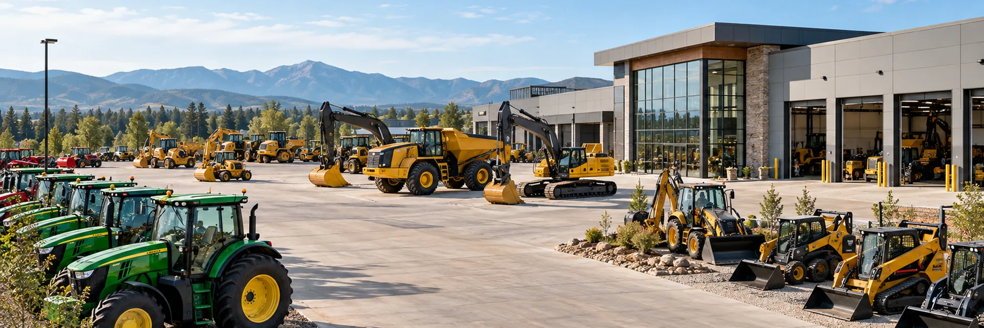 An equipment dealership lot with rows of agricultural tractors, excavators, an articulated hauler and skid steers on display, the sales building and open service bays behind — tractor industrial