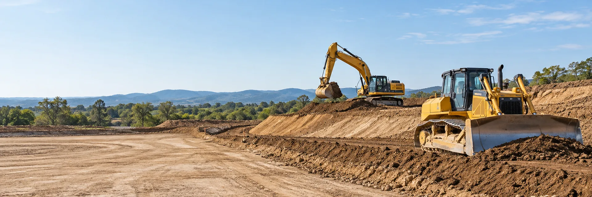 An excavator grading earth on a site being prepared for construction — excavating and grading contractor insurance