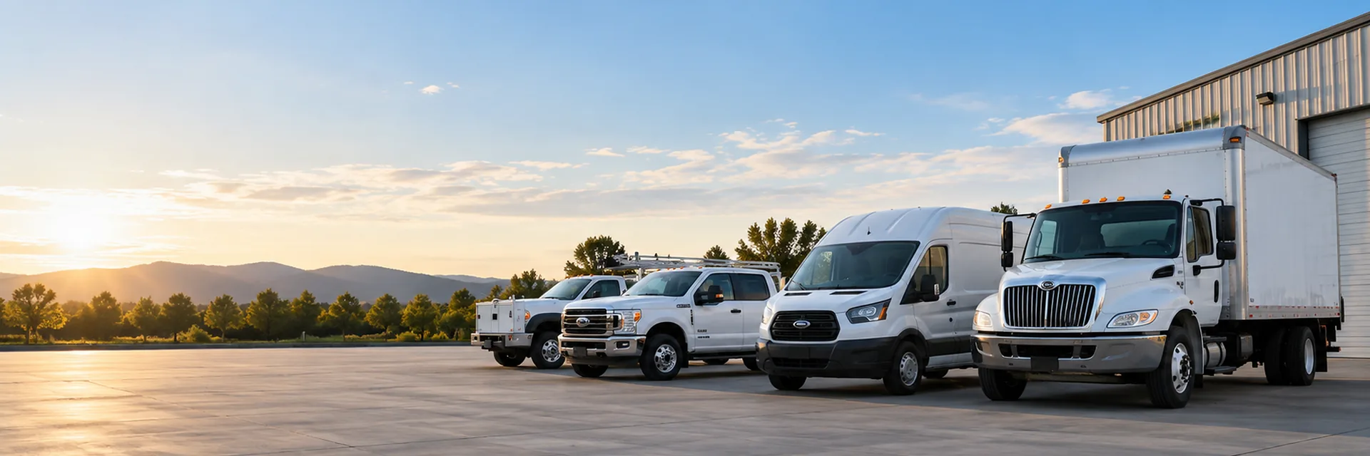 A fleet of commercial work vehicles parked in a row — commercial auto insurance for California contractors