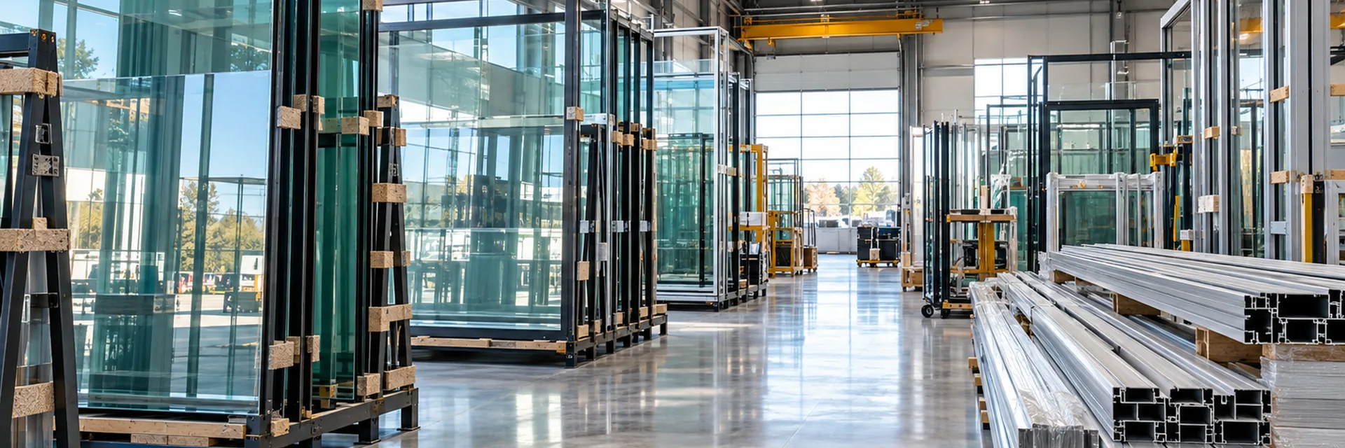 A glass and glazing supplier’s warehouse with insulated glass units racked upright on A-frames and bundles of aluminum storefront extrusion alongside — glass glazing supplier insurance california