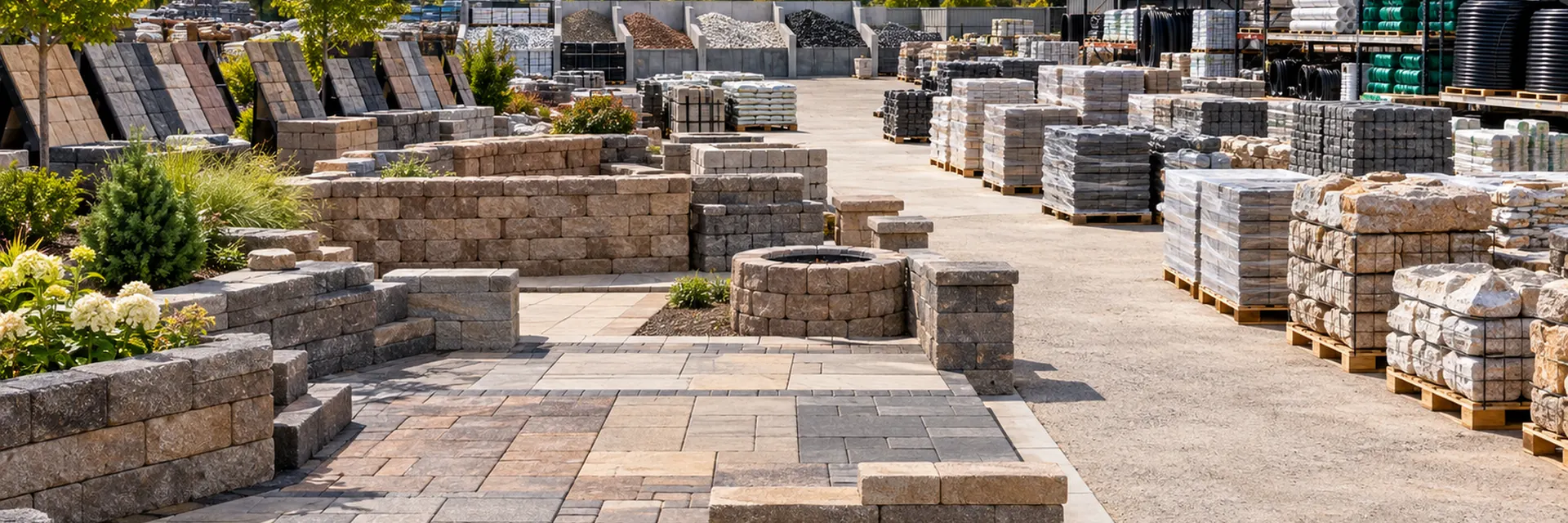 A landscape and hardscape supply yard with paver and retaining wall displays laid out in front of banded pallets of block, stone and bagged material — landscape hardscape supplier insurance california