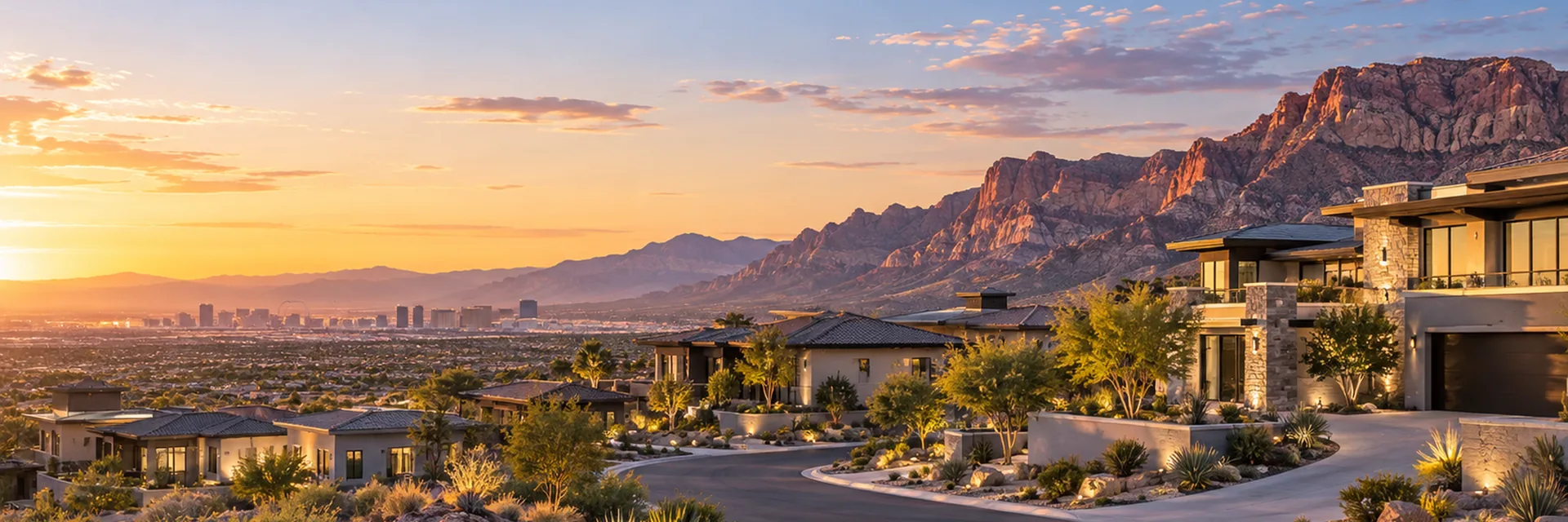 A Las Vegas hillside development, finished homes on a curving street with the valley and the Red Rock escarpment beyond — developer and subdivider insurance in Las Vegas, Nevada