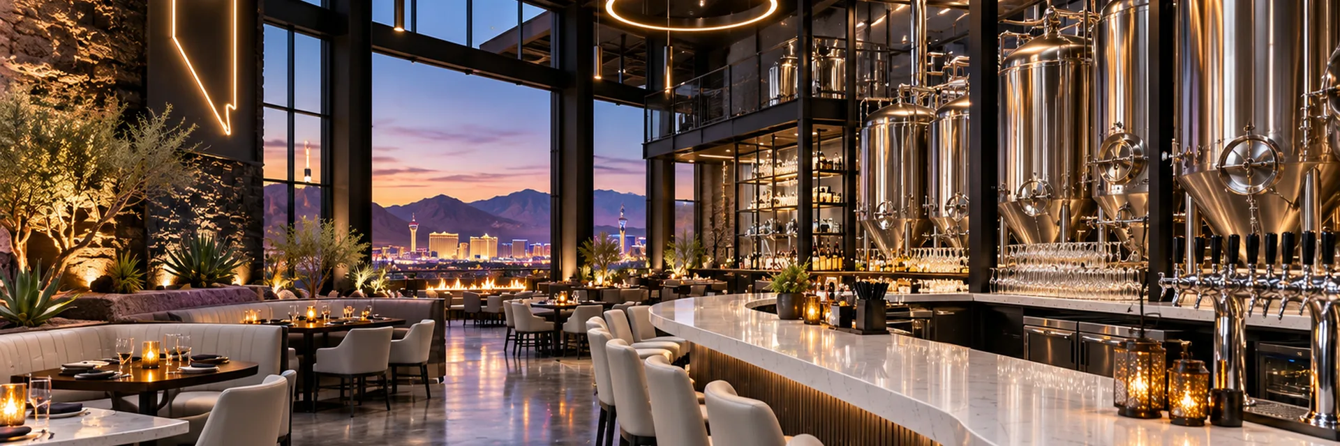 A Nevada restaurant and brewery interior at dusk, a curved marble bar and brewing tanks with windows onto the Las Vegas skyline and the mountains beyond — restaurant and brewery insurance in Las