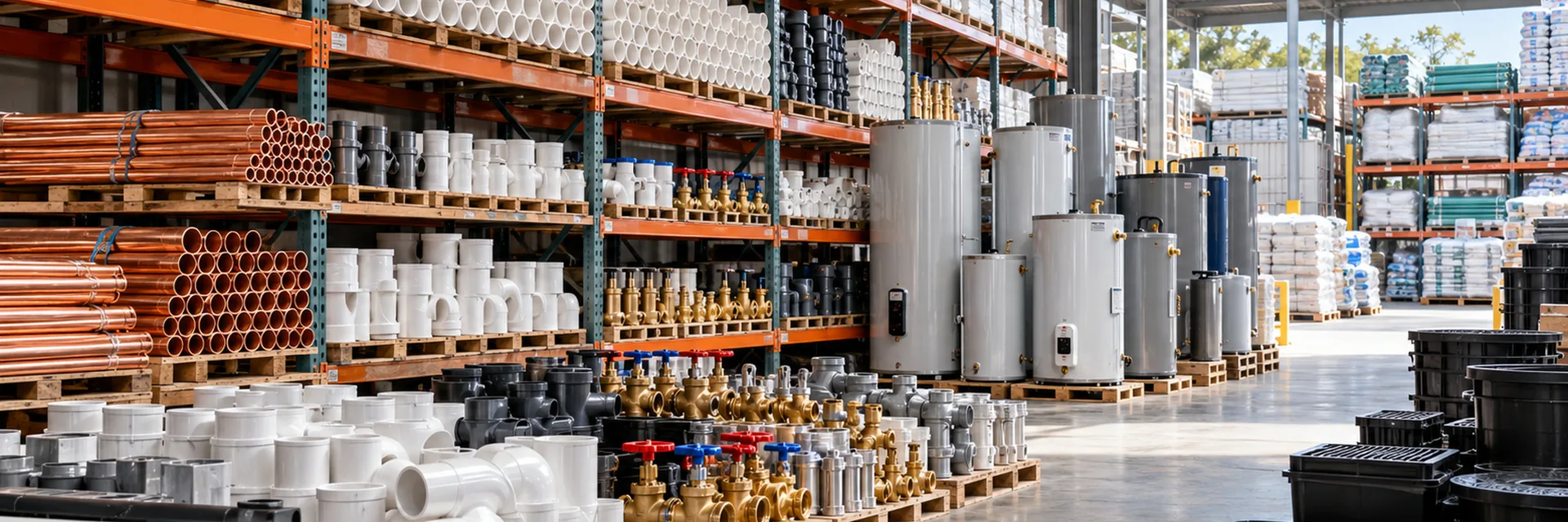 A plumbing supply warehouse racked with PVC and copper pipe, brass valves and fittings on pallets, and a row of water heaters along the aisle — plumbing supply distributor insurance california