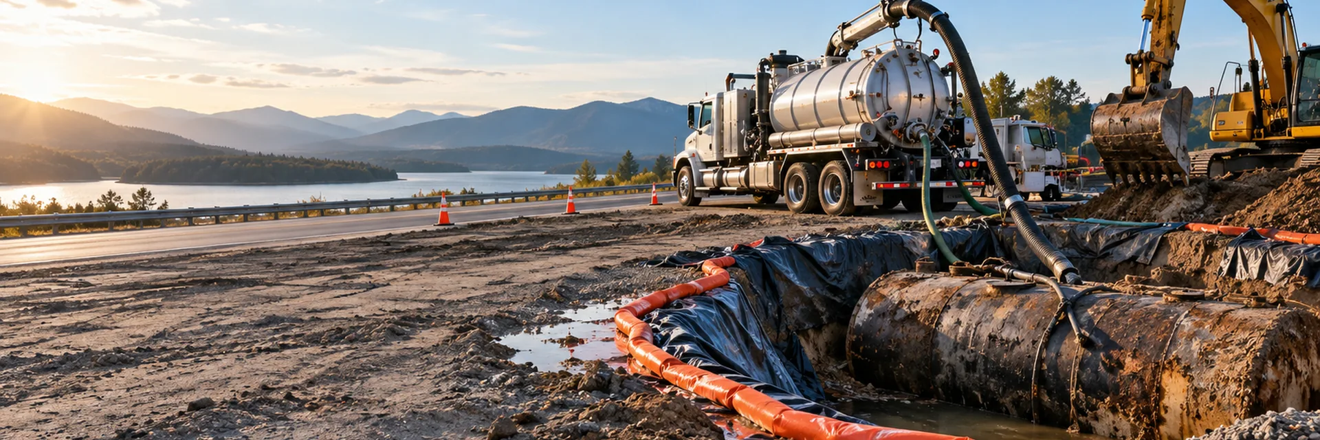 A roadside remediation site, an underground tank exposed in a lined pit with containment boom and a vacuum truck drawing off contaminated water — contractors pollution liability