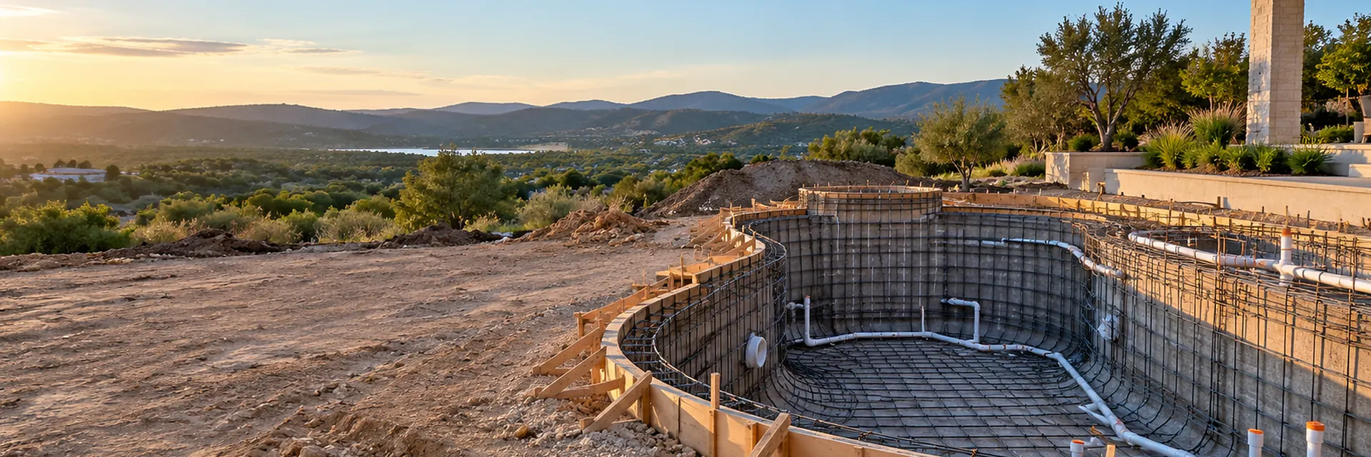 A swimming pool under construction with the shell shaped and steel in place — pool contractor equipment and installation floater insurance