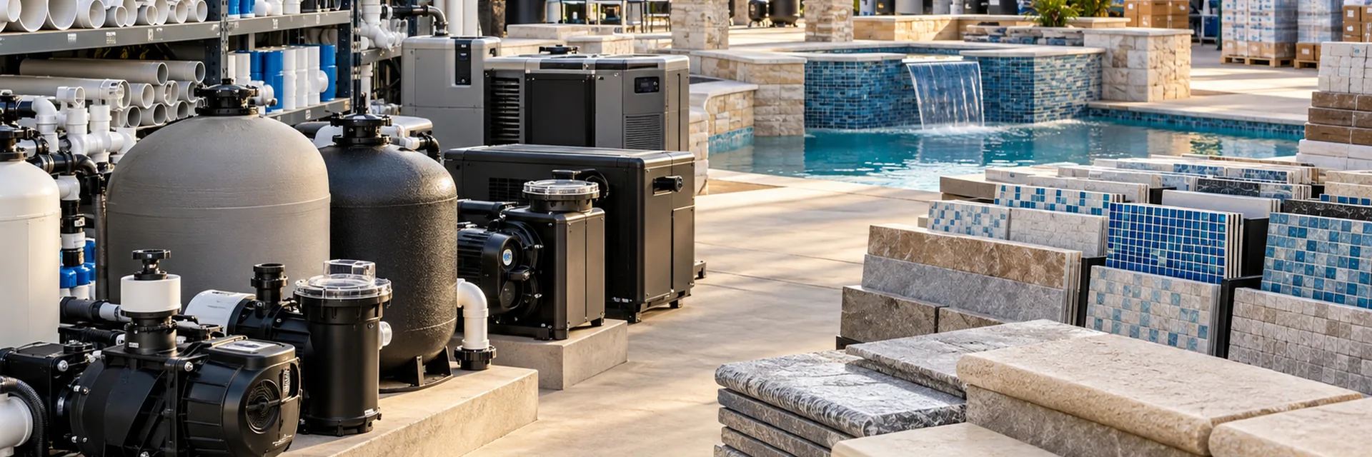 A pool and spa supplier’s display yard with pumps, filters and heaters on plinths, racked PVC, and coping and tile samples beside a finished pool — pool spa supplier insurance california