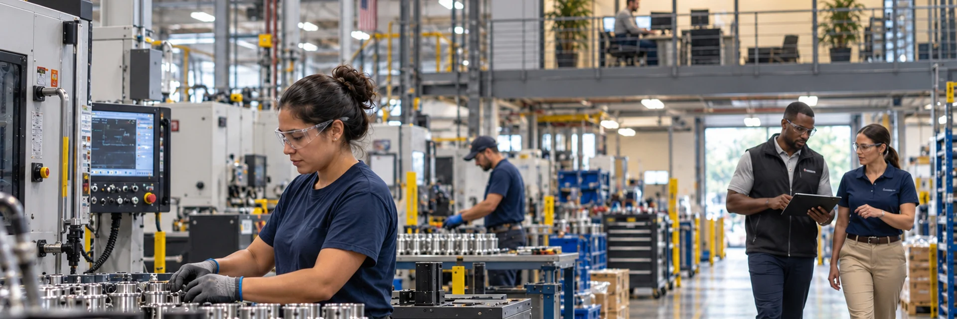 A machining floor with a machinist in safety glasses working at a CNC control panel, machined parts staged on benches, and two staff walking the aisle past a mezzanine office — umbrella and excess