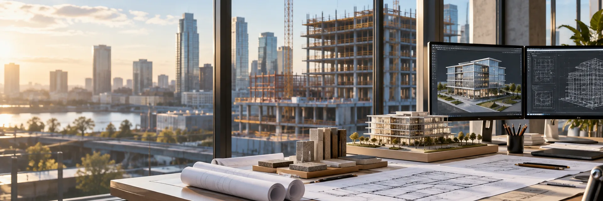 A design studio at sunrise, drawings, material samples and a building model on a work table with CAD screens, a tower under construction beyond the glass — contractors professional liability