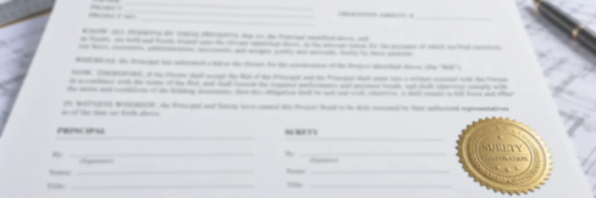 A project bonds form on a desk beside rolled drawings and a pen, carrying a gold surety seal, with a city skyline and a building under construction behind it — surety and license bonds for California