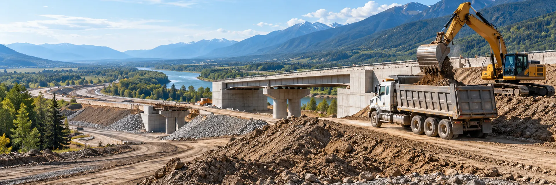 A highway bridge under construction over a river valley, with an excavator and dump truck working the approach embankment — public works contractor insurance requirements