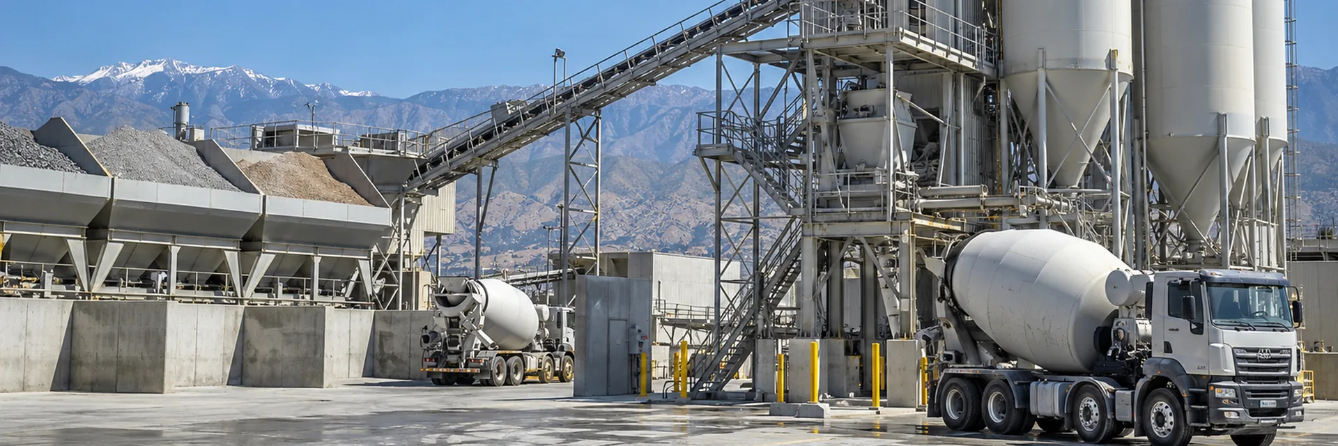 A ready-mix concrete batch plant with storage silos, an aggregate conveyor and loaded mixer trucks on the yard, mountains in the distance — concrete ready mix supplier insurance california