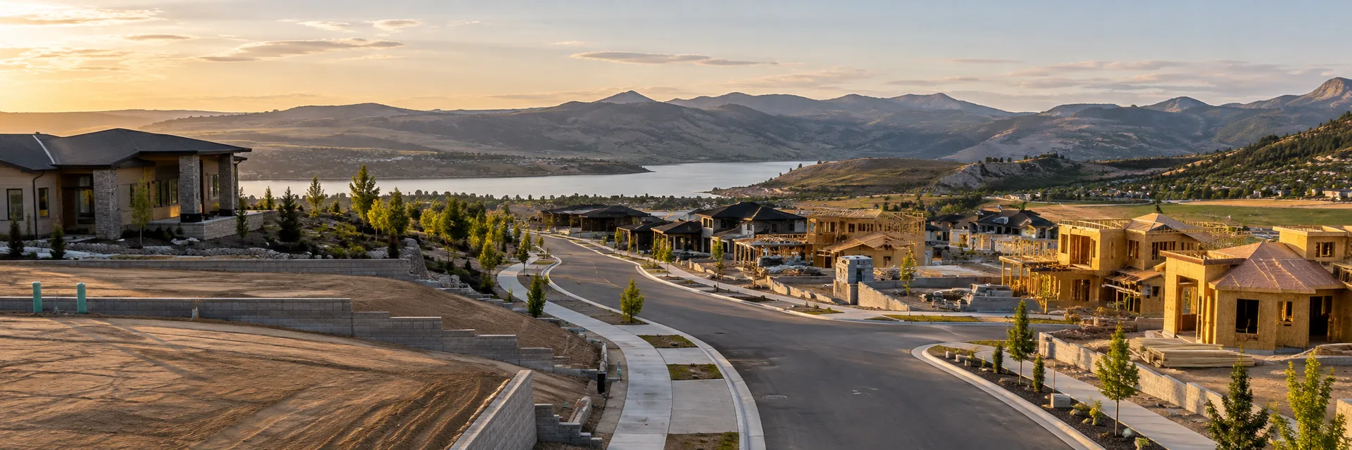 A residential subdivision under construction, framed houses along a new street — developer and subdivider insurance for California