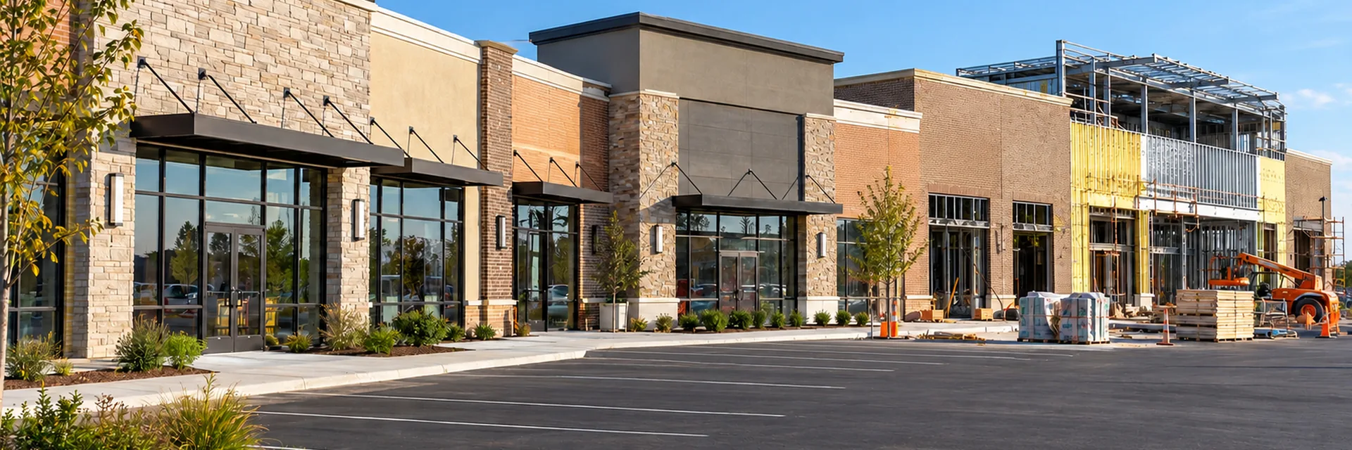 A newly built retail center with stone and brick storefronts and a fresh parking lot, the far end still under construction with staged materials and a lift — commercial contractors general liability