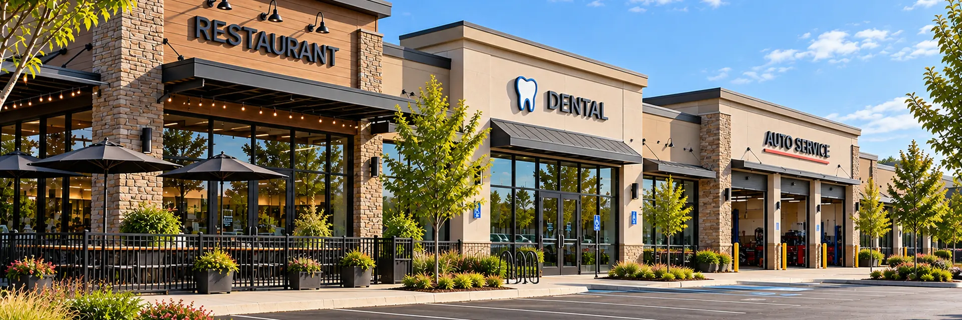A row of small business storefronts in a retail center: a restaurant with a shaded patio, a dental office and an auto service bay facing the parking lot — business insurance for California contractors