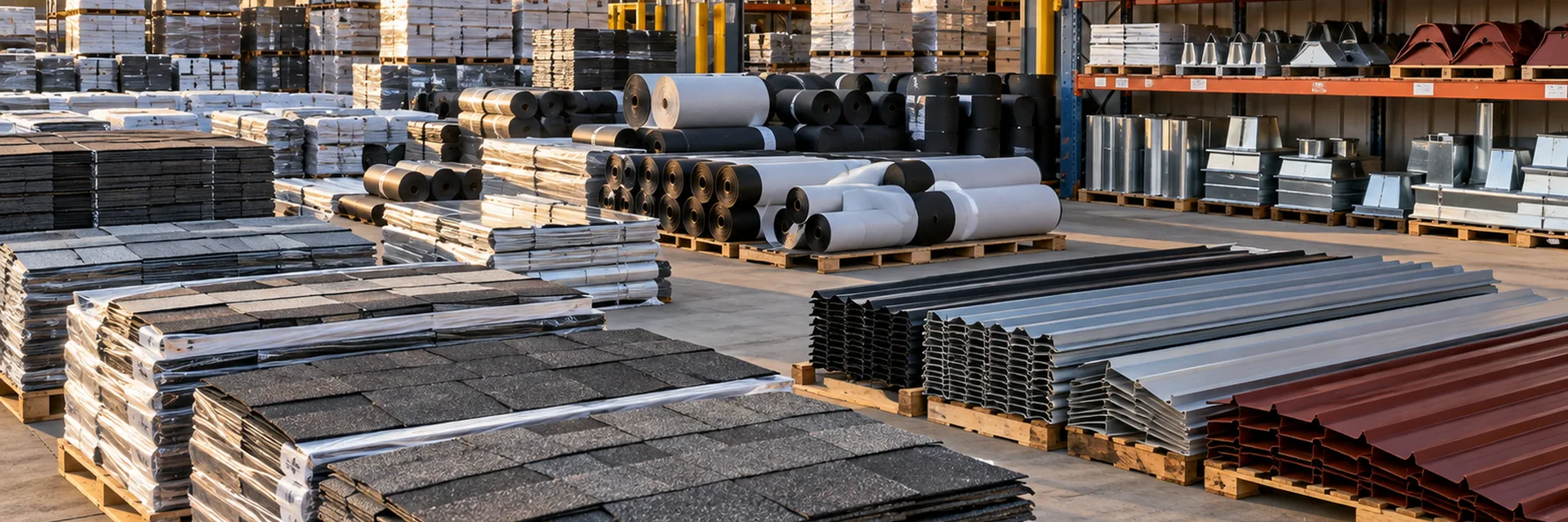 A roofing material supplier’s yard with pallets of shingles, rolls of underlayment and membrane, and stacked metal roofing panels and flashing — roofing material supplier insurance california