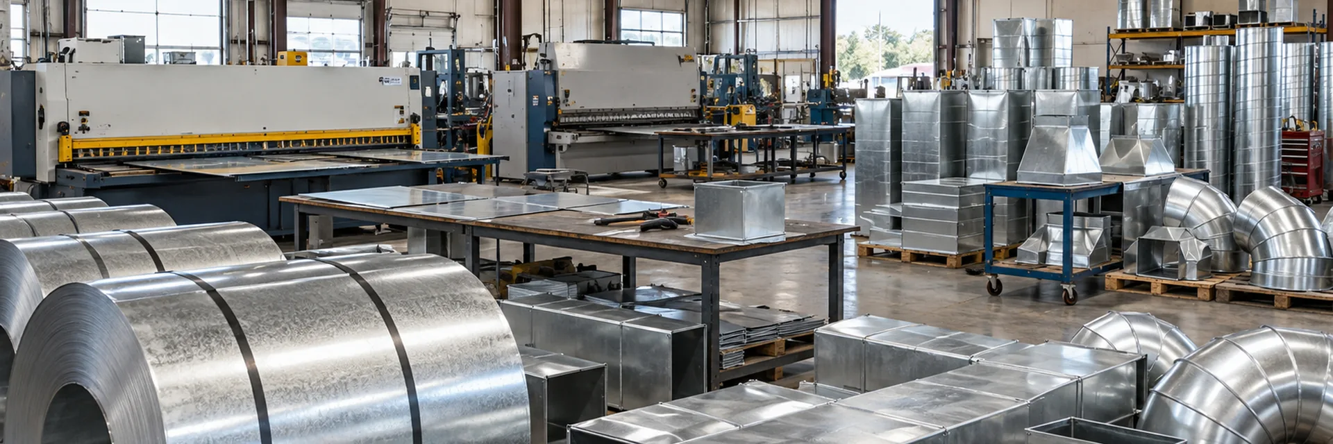 A sheet metal fabrication shop with a coil of galvanized steel, a shear and press brake, a layout table and finished rectangular and round duct fittings — sheet metal fabrication contractor insurance
