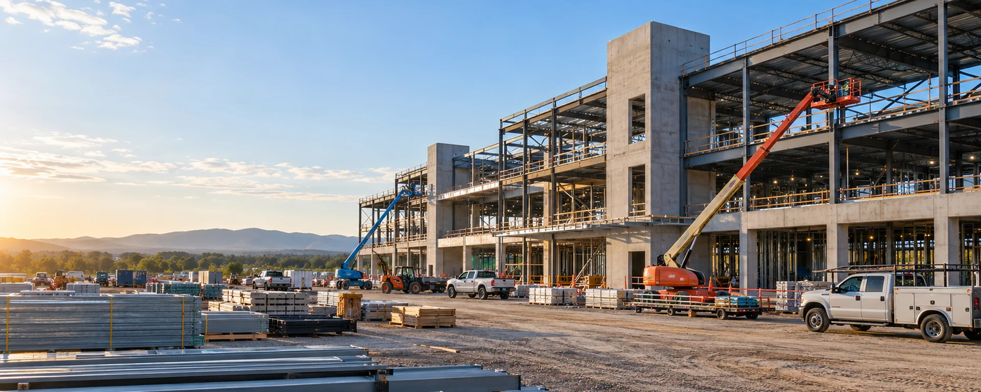A commercial building under construction at sunrise, its steel frame and concrete cores up, two boom lifts working and framing stacked below — general liability insurance for California contractors