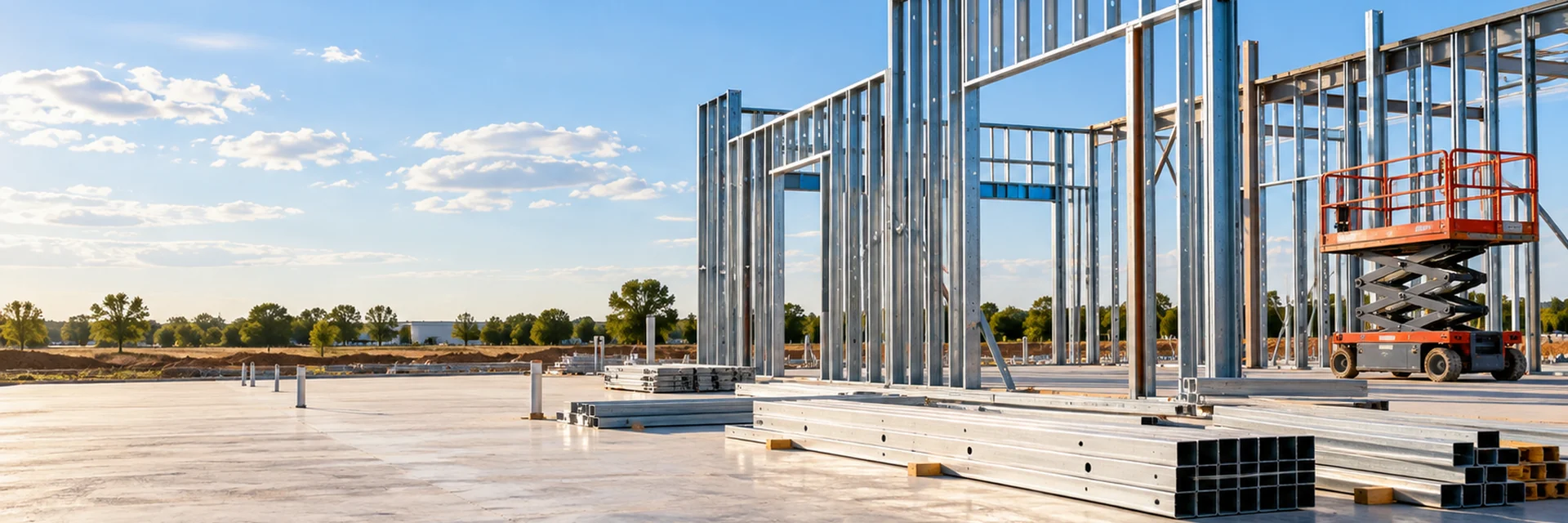 Steel stud walls being framed on a new concrete slab, with bundled track and studs stacked ready and a scissor lift standing by — new construction contractors builders risk and general liability
