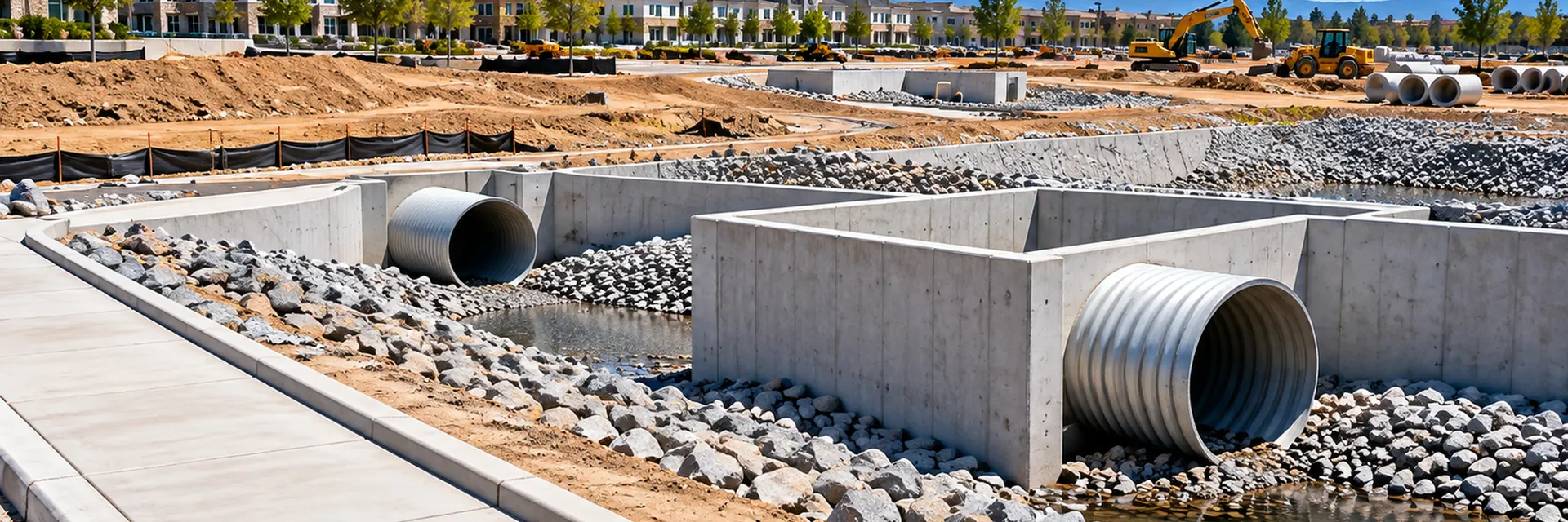 A stormwater drainage system under construction: cast concrete headwalls, corrugated metal culverts, rock-lined channels and a detention basin holding water — water resources and drainage engineer