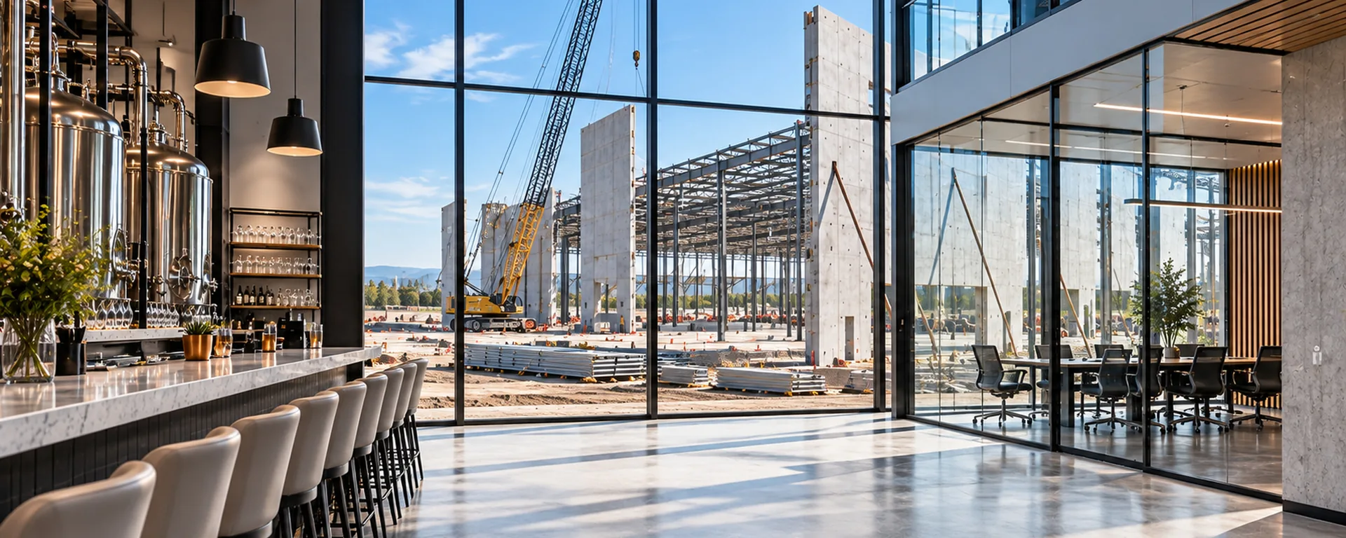 A taproom bar with brewhouse tanks behind it, looking through a full-height window at a tilt-up under construction, concrete panels standing and a crawler crane on the pad — independent commercial