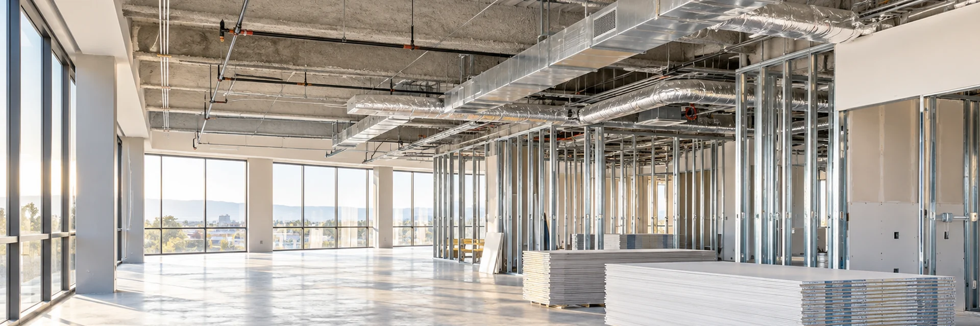 A tenant improvement in progress inside an office floor: metal stud partitions, exposed ductwork overhead and pallets of drywall waiting to be hung — remodel, renovation and tenant improvement