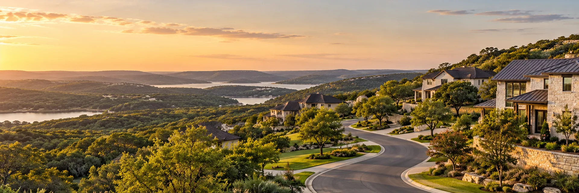 A Texas Hill Country development, stone and brick homes along a curving road with live oaks and a lake in the distance — developer and subdivider insurance in San Antonio, Texas