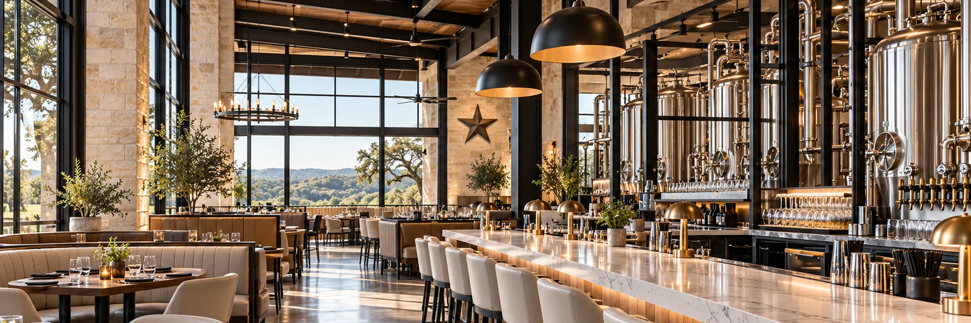 A Texas restaurant and brewery interior, limestone walls and a lone star above the marble bar with brewing tanks, windows onto hill country — restaurant and brewery insurance in El Paso, Texas