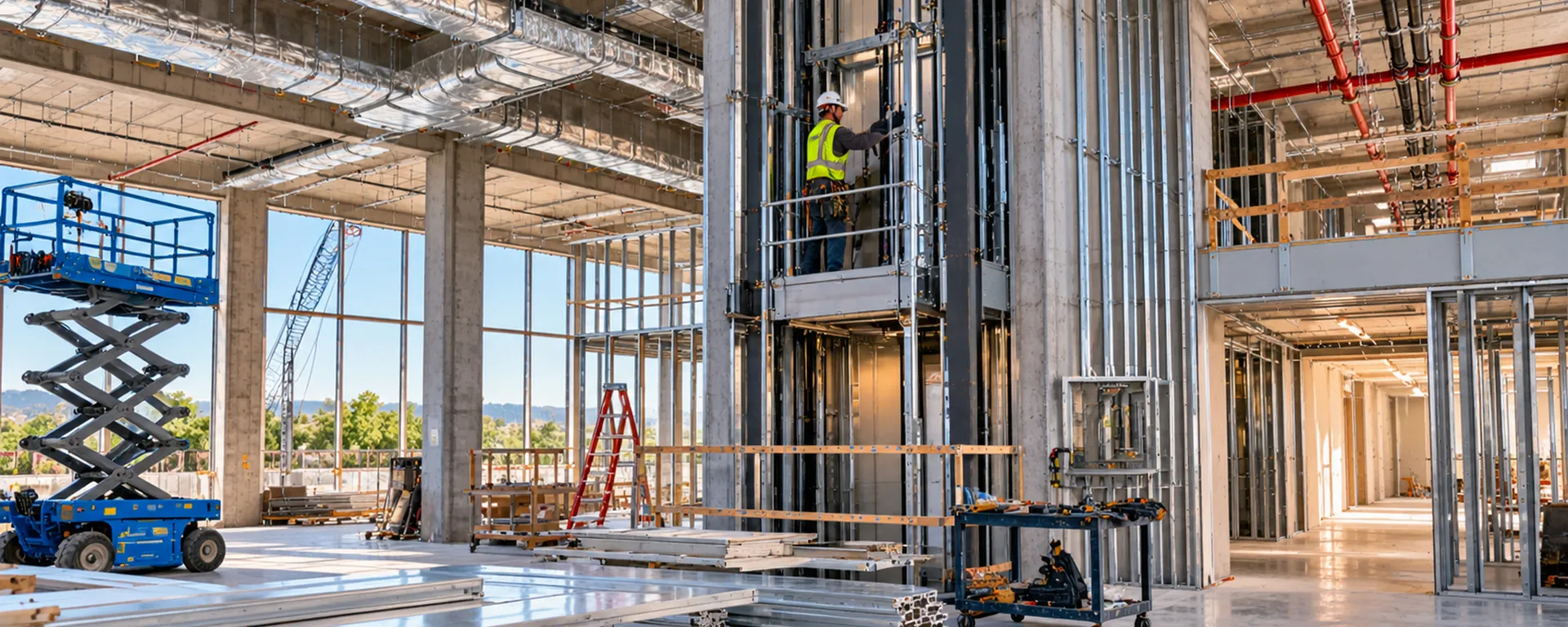 An elevator constructor working on a car inside a new commercial building, with steel stud framing, ductwork and a scissor lift — California construction trades, apprenticeship and training directory