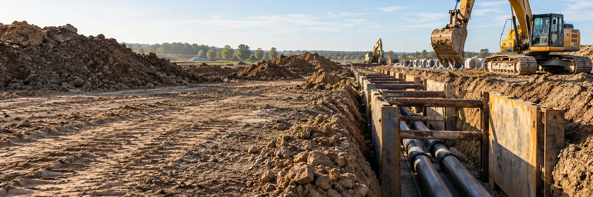 An open trench with underground utility pipe being laid — plumbing, sewer and storm-drain contractor equipment insurance