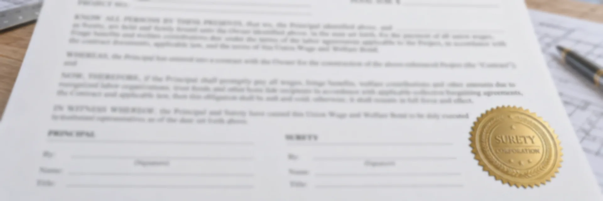 A union wage and welfare bond form on a desk with rolled drawings and a gold surety seal, the open frame of a building under construction behind it — union fringe benefit and wage bonds for signatory
