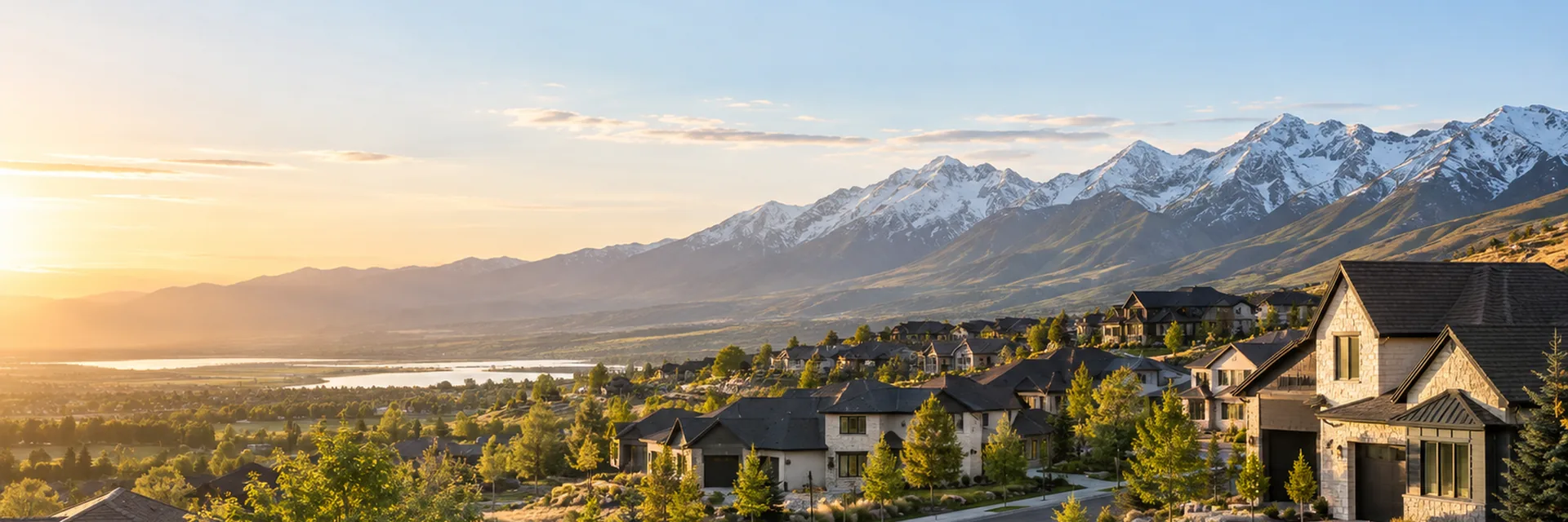 A Utah residential development, gabled homes on a new street below the snow-capped Wasatch mountains with the valley lake beyond — developer and subdivider insurance in Ogden, Utah