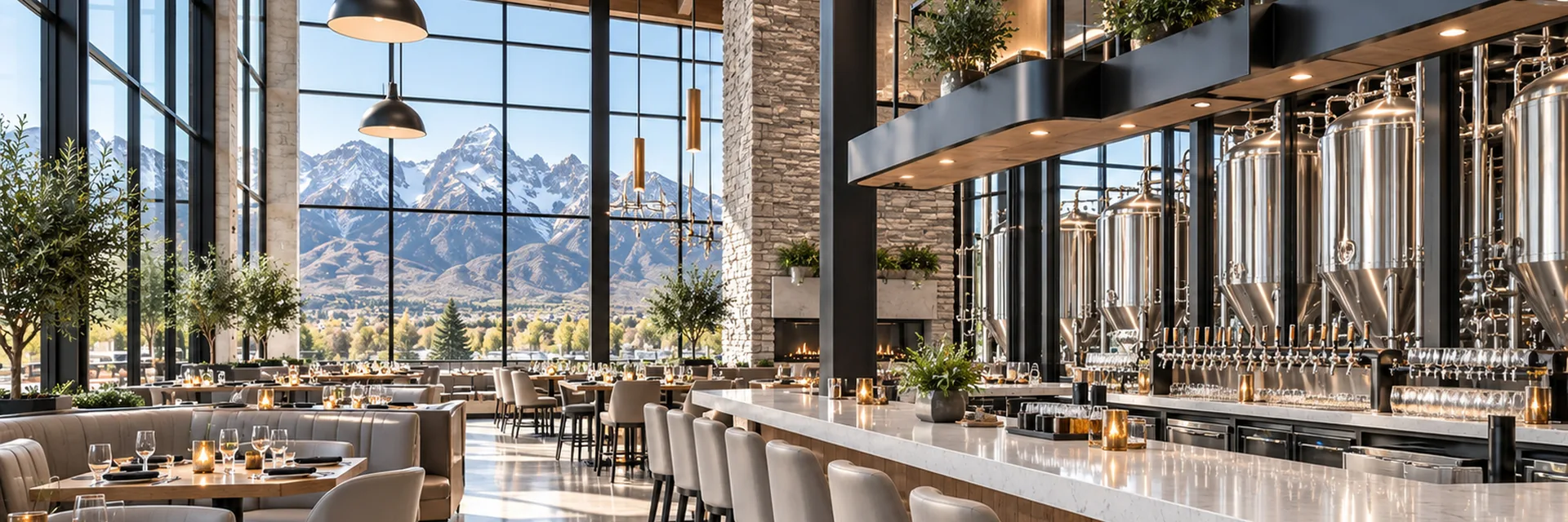A Utah restaurant and brewery interior, marble bar and brewing tanks with floor-to-ceiling windows onto the snow-capped Wasatch range — restaurant and brewery insurance in Salt Lake City, Utah