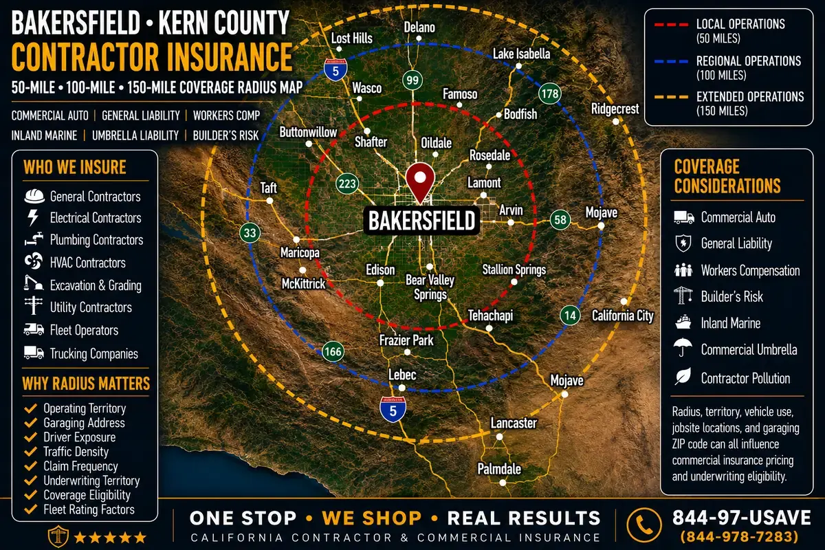 Bakersfield and Kern County contractor insurance coverage radius map — 50, 100 and 150-mile local, regional and extended operations zones from Gleason Insurance Brokers