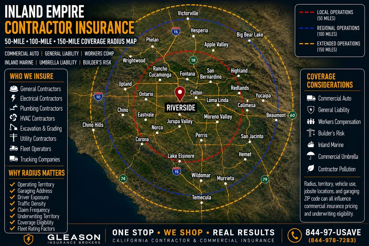 Inland Empire contractor insurance coverage radius map centered on Riverside — 50, 100 and 150-mile operations zones from Gleason Insurance Brokers