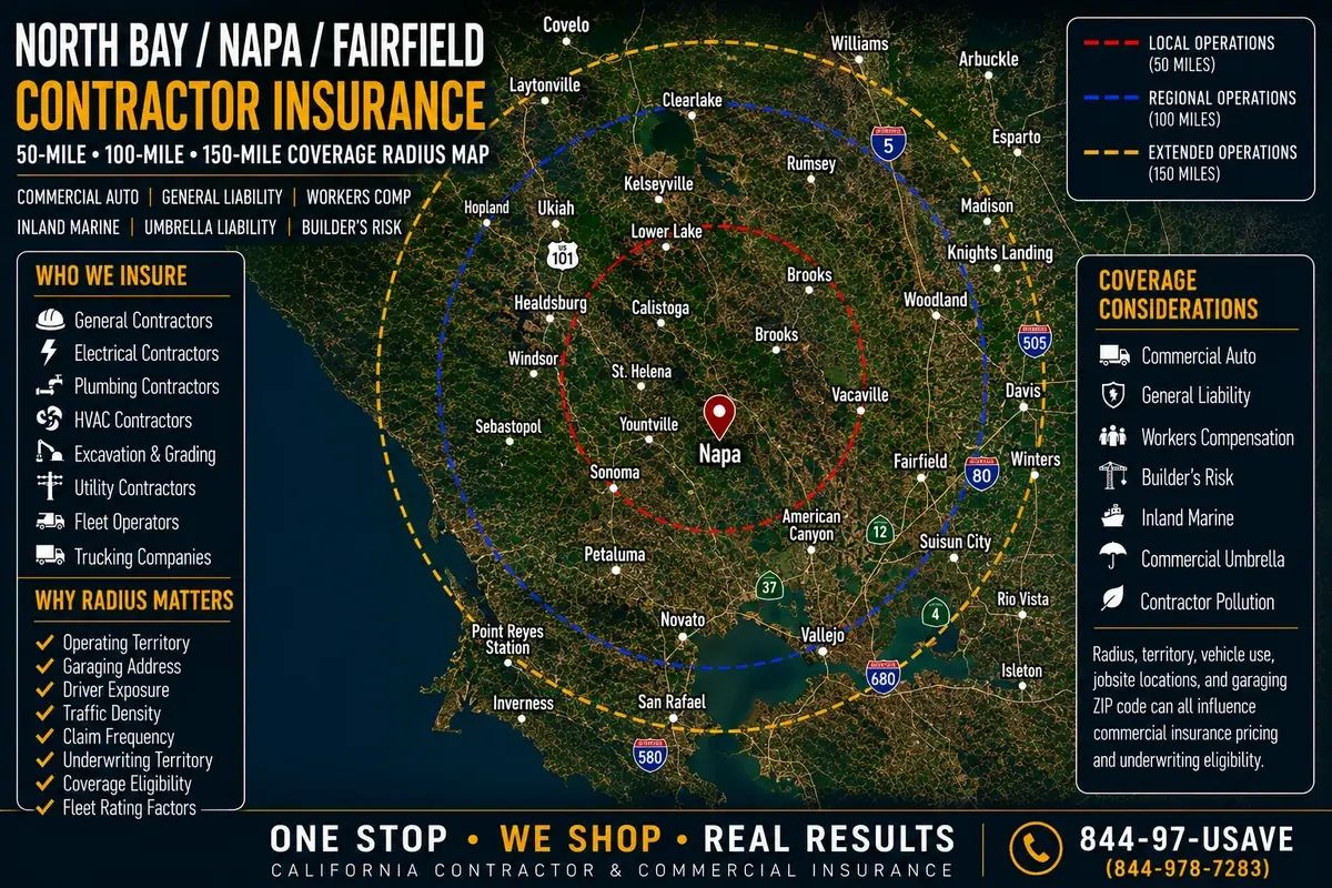 North Bay, Napa and Fairfield contractor insurance coverage radius map — 50, 100 and 150-mile operations zones from Gleason Insurance Brokers