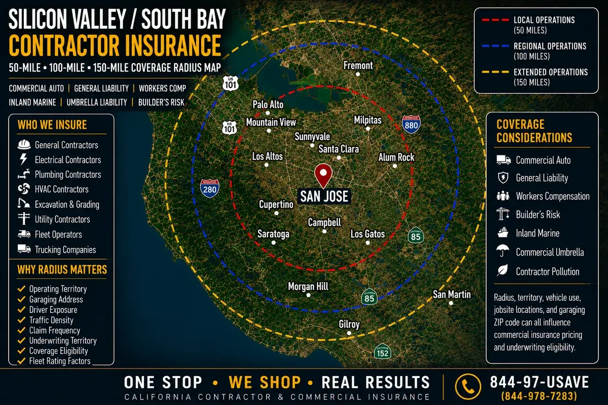 Silicon Valley and South Bay contractor insurance coverage radius map centered on San Jose — 50, 100 and 150-mile operations zones from Gleason Insurance Brokers