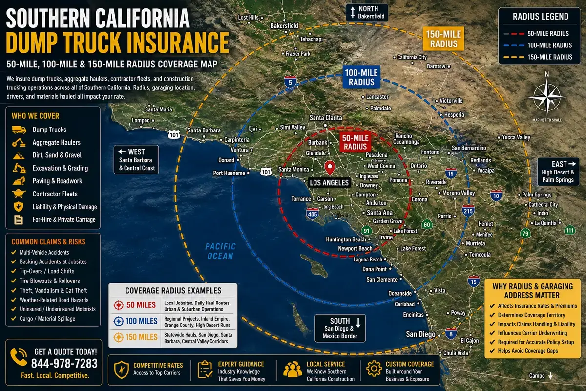 Southern California dump truck and material hauler insurance coverage radius map — 50, 100 and 150-mile operating zones from Gleason Insurance Brokers