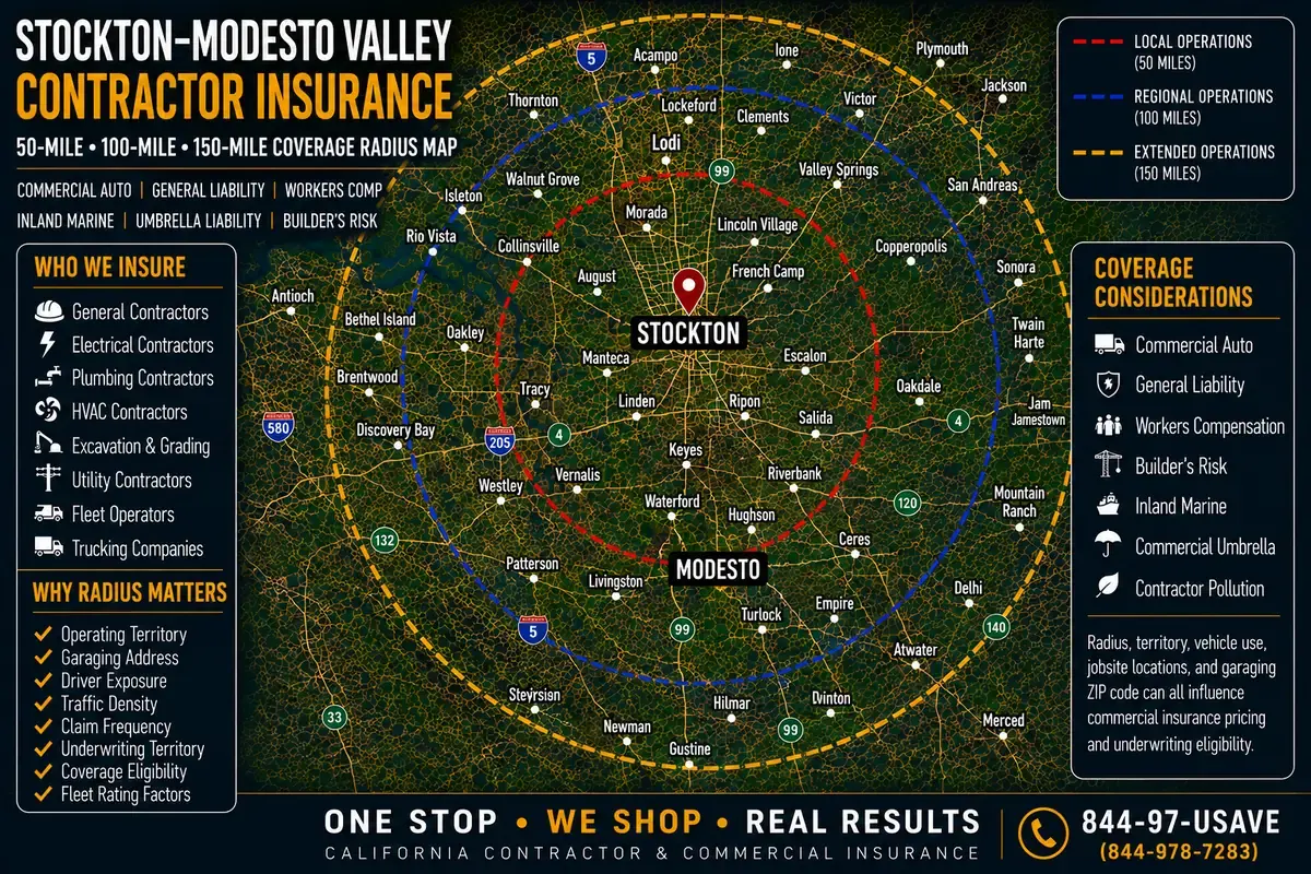 Stockton-Modesto Central Valley contractor insurance coverage radius map — 50, 100 and 150-mile local, regional and extended operations zones from Gleason Insurance Brokers